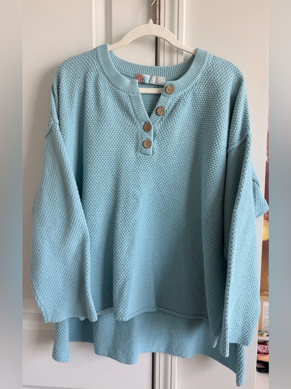 Free People Light Blue Textured Button Henley Sweater